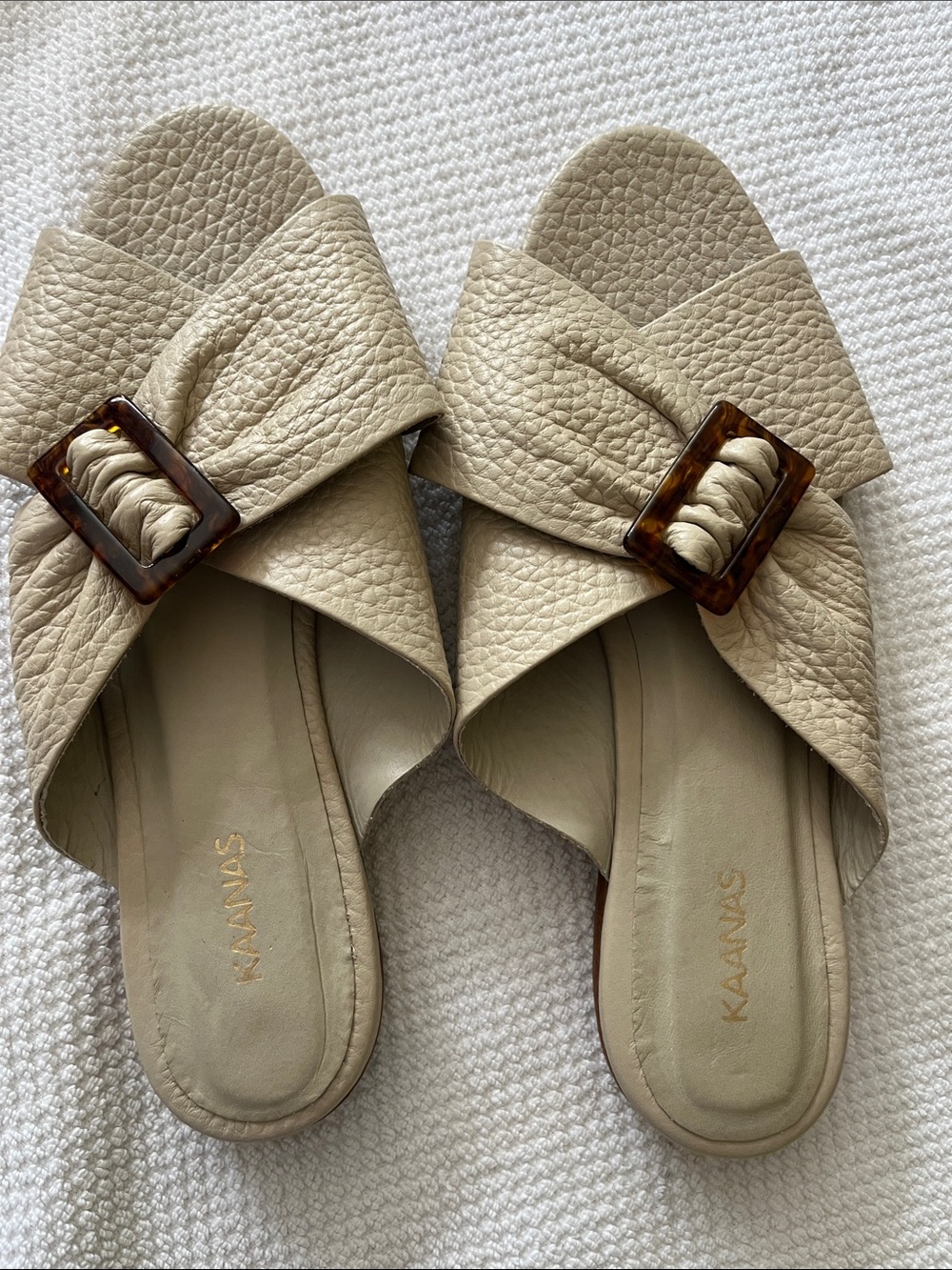 Kaanas Taupe Crossover Leather Slide Sandals with Tortoiseshell Buckle